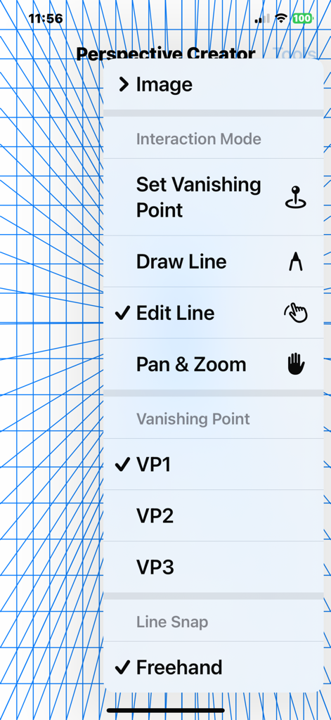 Perspective Creator - The tools menu of the Perspective Creator app displaying options for vanishing points and drawing modes over a perspective grid.