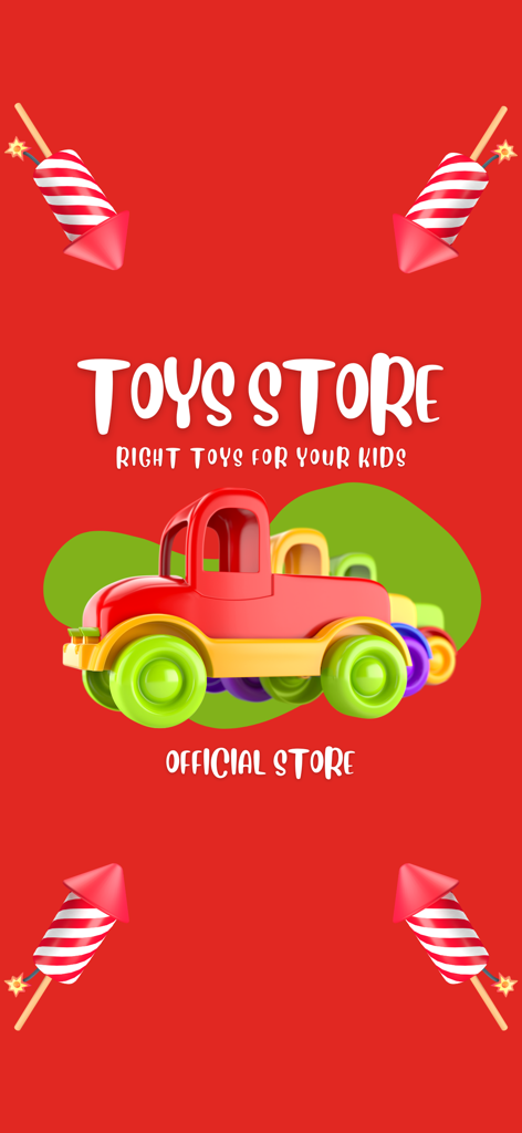 Cheap Toys Store Online - Pantalla de presentación de la aplicación móvil Cheap Toys Store Online con un colorido camión de juguete sobre un fondo rojo con fuegos artificiales festivos.