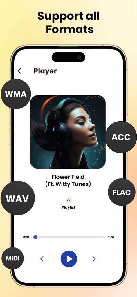 Rocks Music Player 인터페이스, WAV FLAC 및 MIDI를 포함한 여러 오디오 형식 지원 표시