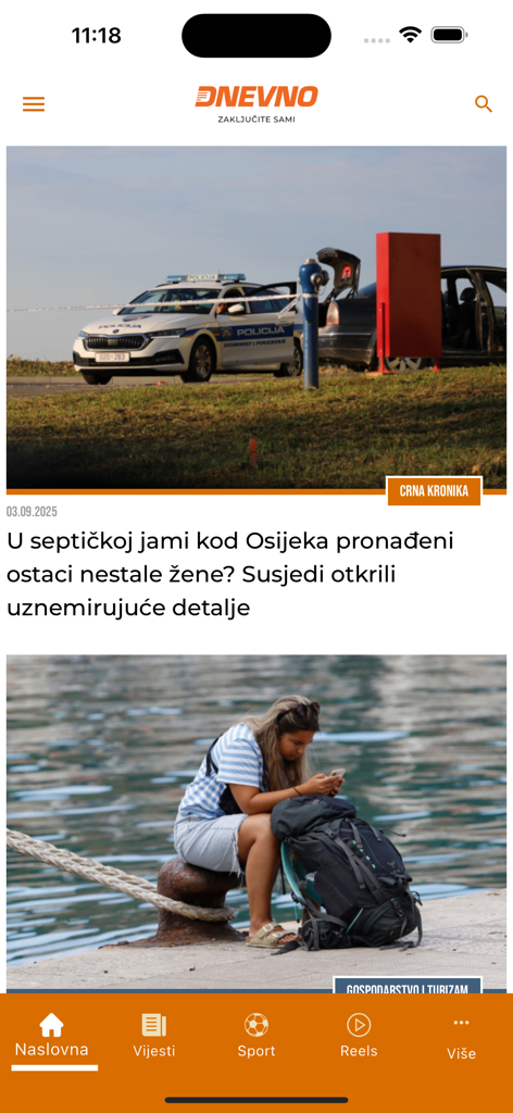 Dnevno.hr - Home screen of the Dnevno.hr mobile news app showing Croatian news articles and categories.