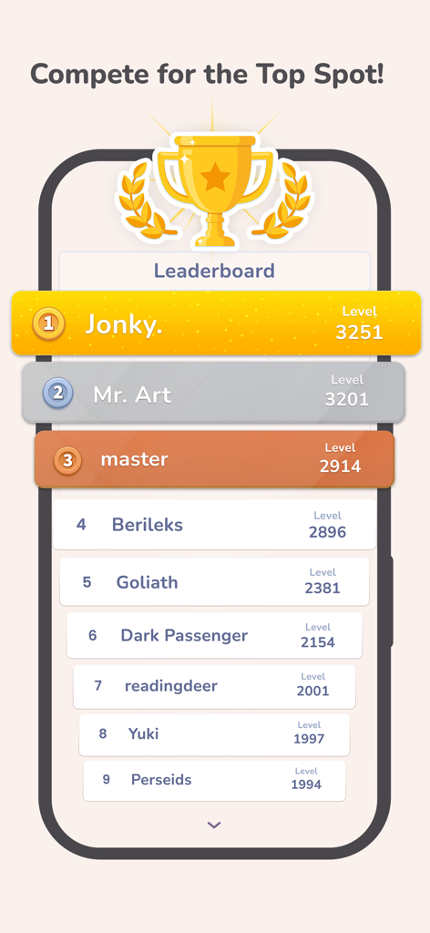 Word Weaver game leaderboard screen showing player rankings and highest levels achieved