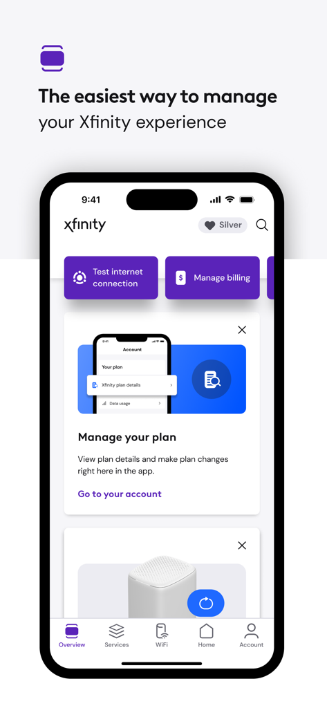 Smartphone mit der Xfinity-App-Übersicht und Optionen zum Testen der Internetverbindung sowie zur Verwaltung der Abrechnung