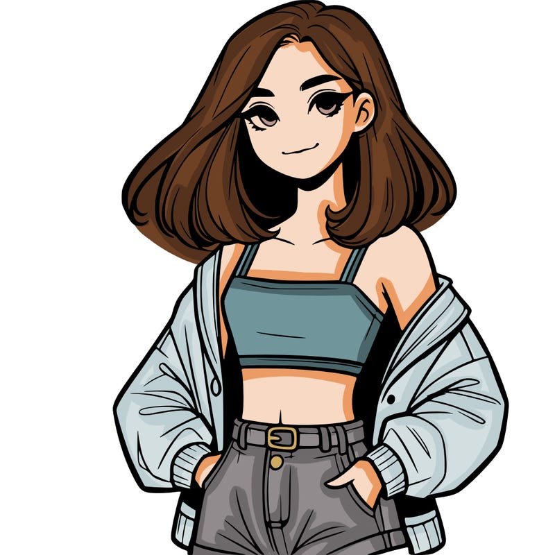 a realistic girl with a crop top and short shorts in an open jacket