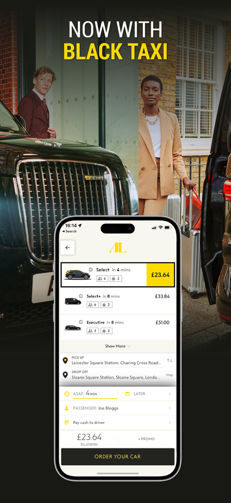 Mobile app interface for Addison Lee showing various taxi options and prices in London