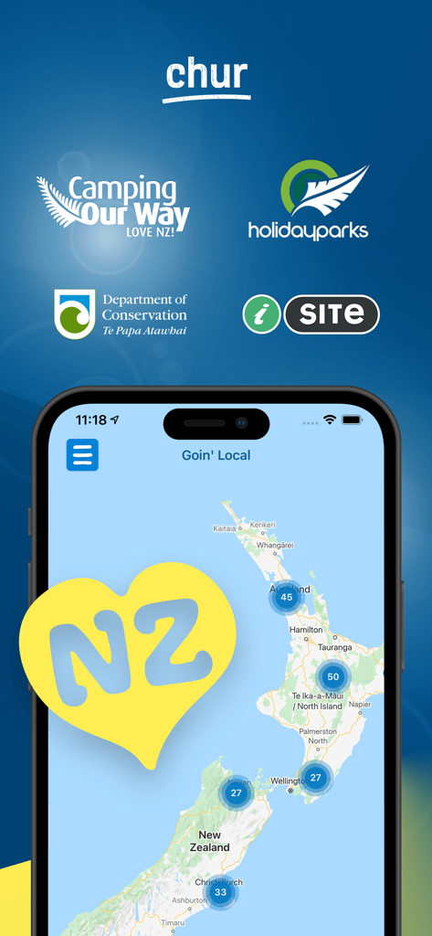 Rankers Camping NZ app showing an interactive map of New Zealand with campsite pins and official partner logos