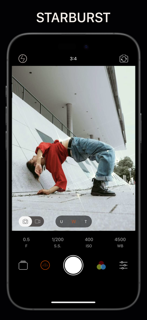 Pro Camera app interface showing manual camera controls and starburst lighting effects on a creative urban photo
