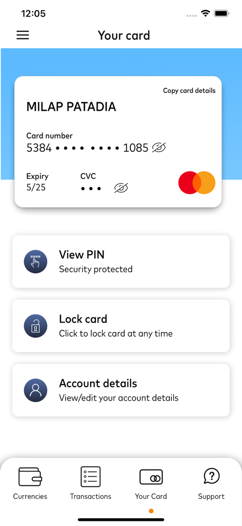 Corporate Cash Passport - Interface of Corporate Cash Passport app displaying a business travel card with security options to lock card or view pin.