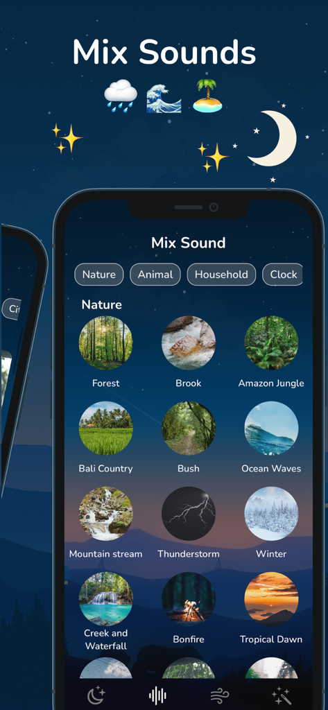 Interfaz de la aplicación Melodías Relajantes mostrando varias categorías de sonidos de la naturaleza como bosque y olas del mar para crear mezclas de sueño personalizadas.