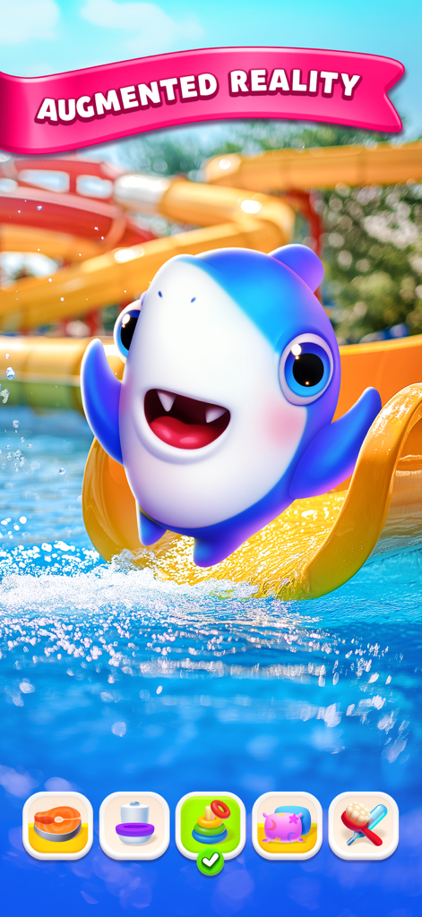 Cute virtual shark sliding down a yellow water slide in augmented reality.