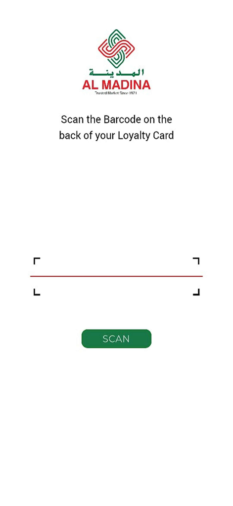 Al Madina UAE app interface for scanning a physical loyalty card barcode