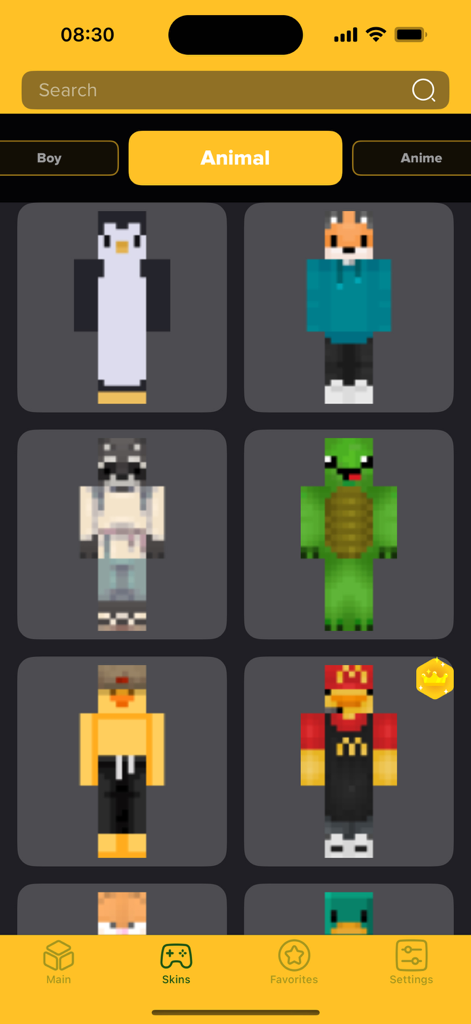 Navegando por skins de Minecraft temáticas de animales, incluyendo un pingüino y un zorro en la aplicación Nova Skins