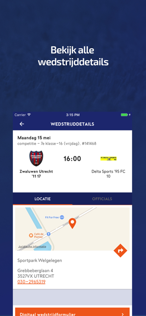 Wedstrijdzaken app screen displaying soccer match details and field location map.