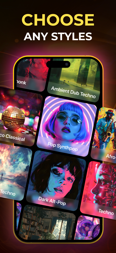 Music AI - Song Generator App - AI 생성을 위한 팝 신스팝, 다크 알트팝 등 다양한 음악 스타일을 보여주는 모바일 앱 화면