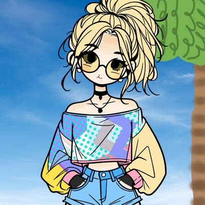 girl with a messy ponytail glasses a baggy crop top and jean shorts