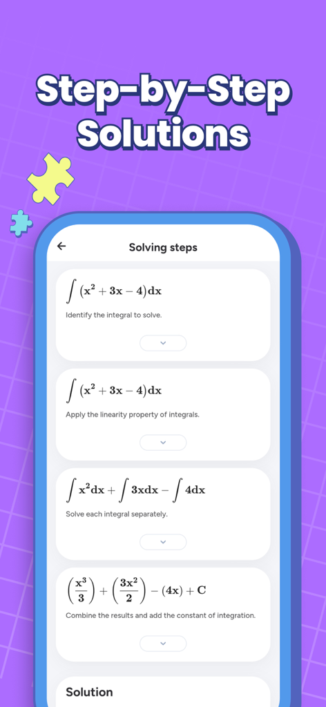 MathPro・AI Photo Math Solver - A smartphone screen displaying the MathPro app interface with detailed step by step solving steps for a calculus integral problem