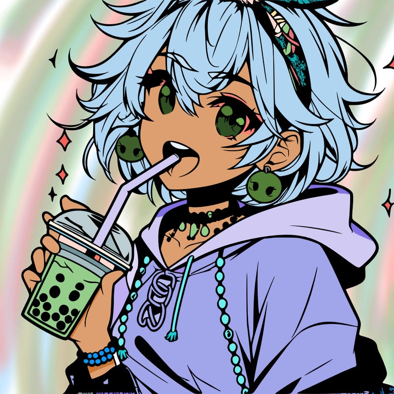 hot baddie anime girl drinking boba and biting the straw