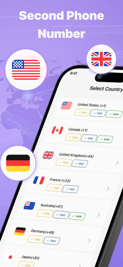 Second Phone Number | 2nd Line - Interface do aplicativo mostrando opções para selecionar um segundo número de telefone de diferentes países como EUA e Reino Unido
