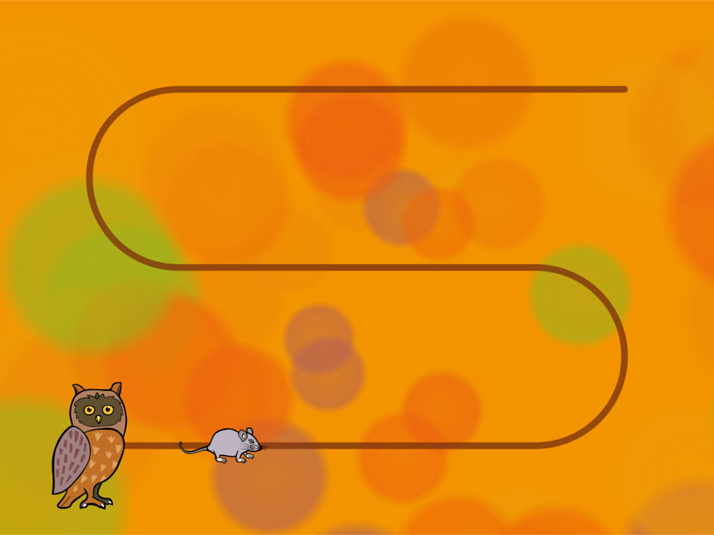 dob plus – Visual Perception - 곡선 추적 경로에 올빼미와 생쥐가 있는 시각 인지 훈련 화면.