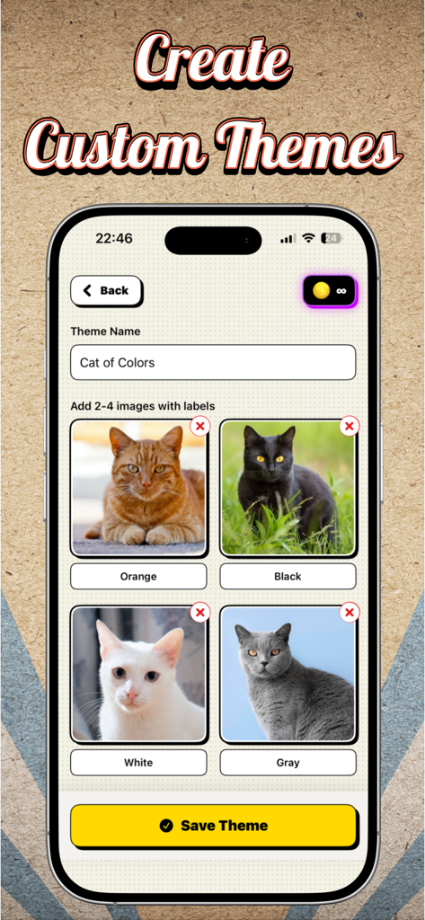 Say The Word Game interface for creating custom themes with cat images and labels