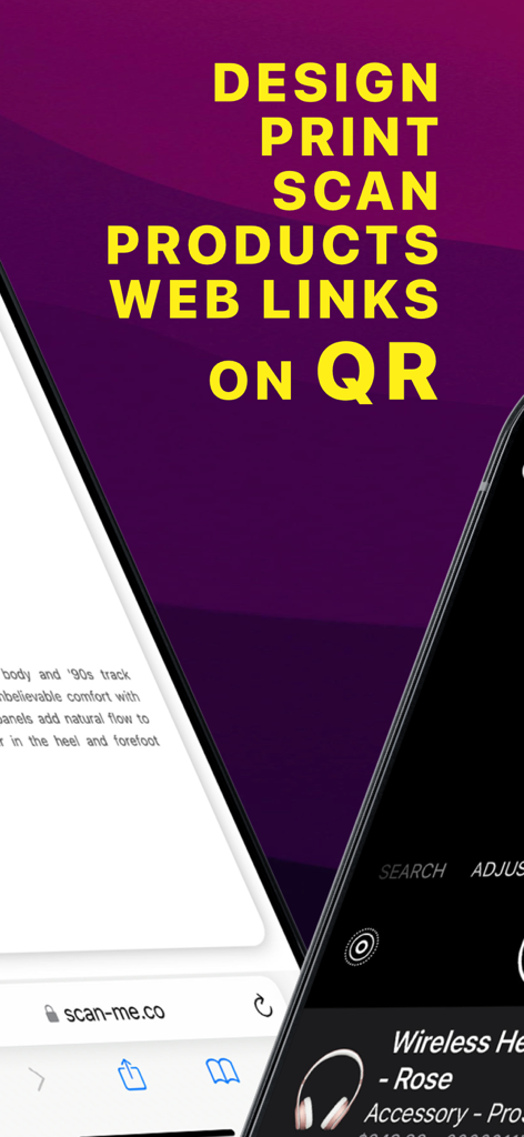 Scan Me - Product WebLink QR - Screenshot der Scan Me App, die Funktionen zum Entwerfen und Drucken von QR-Codes für Produkt-Weblinks anzeigt