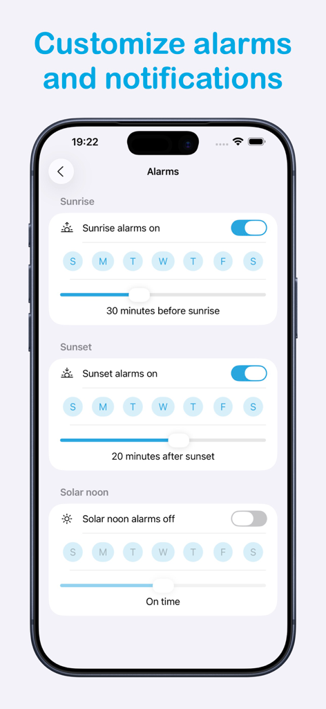 Sunrise Sunset: Times & Alarms - Bildschirm einer mobilen App mit anpassbaren Einstellungen für Sonnenaufgang, Sonnenuntergang und Sonnenmittag