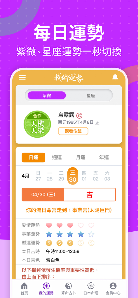 科技紫微 星座算命 - Daily fortune and horoscope screen of the Technology Zi Wei app showing luck ratings for love, career, and wealth