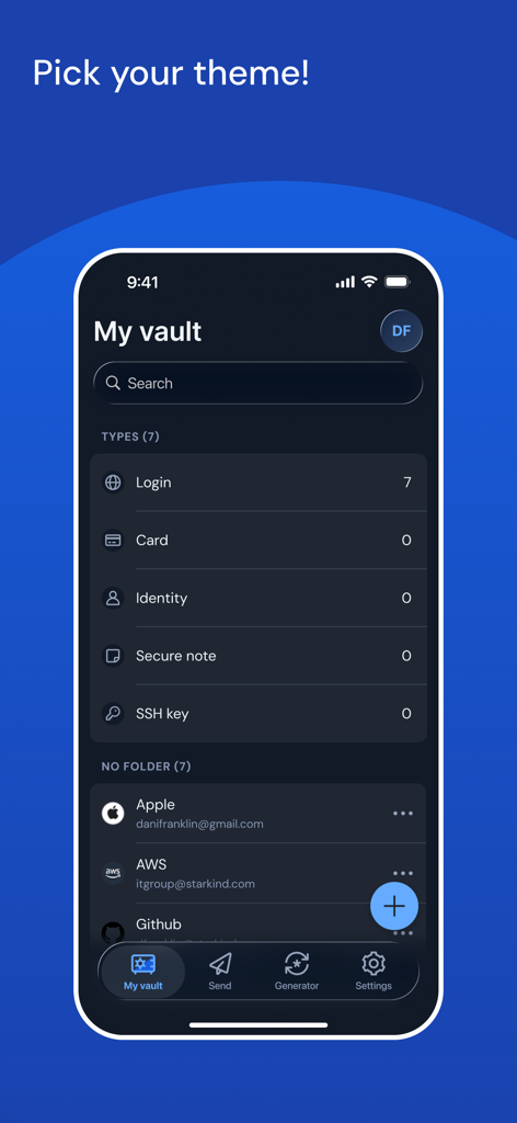 Bitwarden Password Manager - Interfaccia dell'app mobile Bitwarden in modalità scura che mostra la cassaforte dell'utente con categorie di login e sicurezza