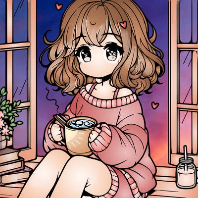 cute anime girl reading book and drinking hot chocolate from mug with loose wavy hair wearing a baggy sweatshirt and shorts sitting by windowsill looking out