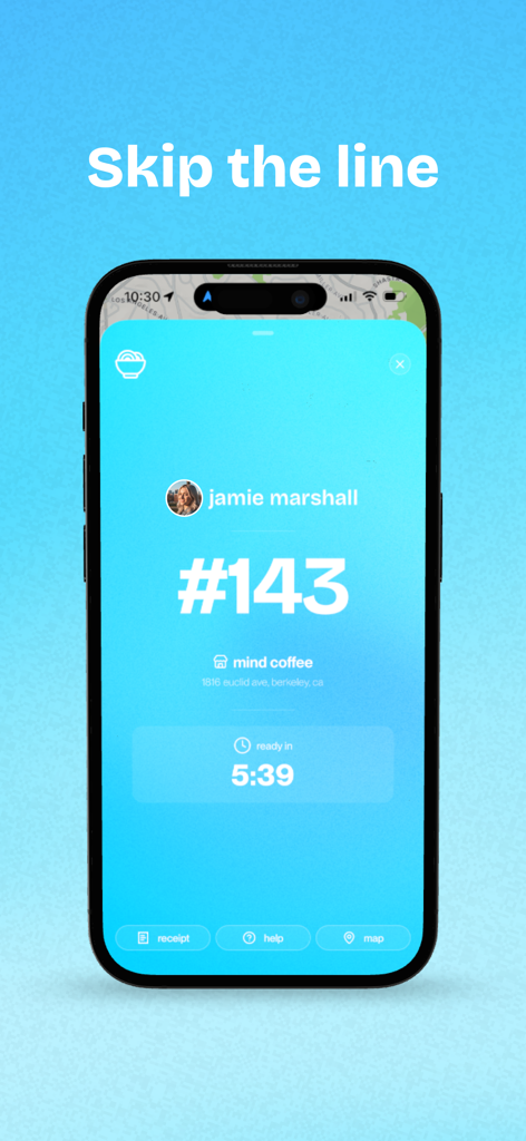 Snackpass - Snackpass app screen showing a pickup order ready in five minutes with an order number.