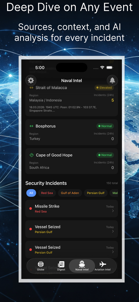 Atlas : Global Intelligence - Atlas app naval intelligence interface displaying maritime security incidents and global risk levels for maritime chokepoints.