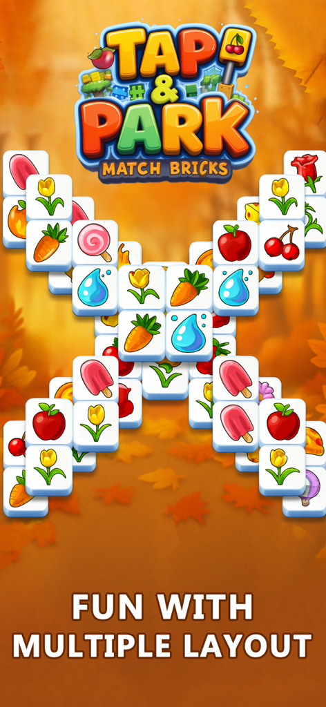 Tap and Park Tile Match Puzzle game screen showing an X shaped layout of matching tiles with fruit and flower icons