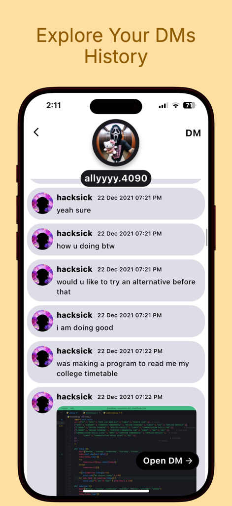 Friendcord | Reopen Discord DM - Friendcordアプリのスクリーンショットで、ユーザー間のDiscordダイレクトメッセージの履歴を表示しています。