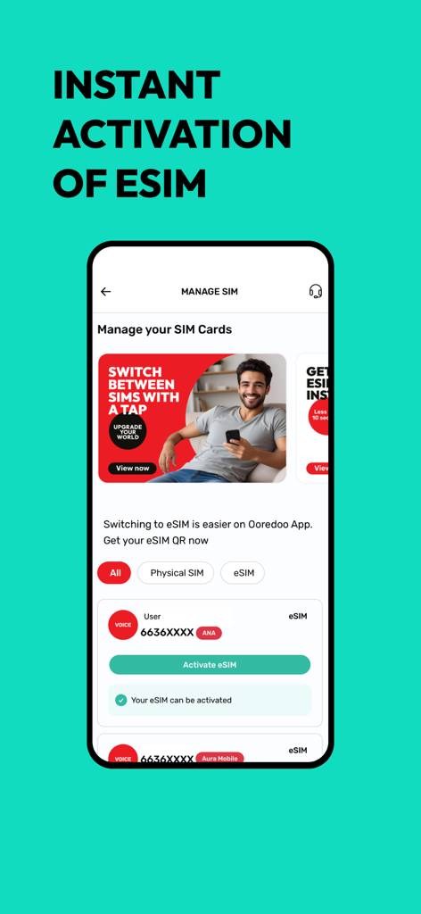 Ooredoo Kuwait - Schermata dell'app mobile Ooredoo Kuwait che mostra le opzioni per gestire e attivare istantaneamente una eSIM