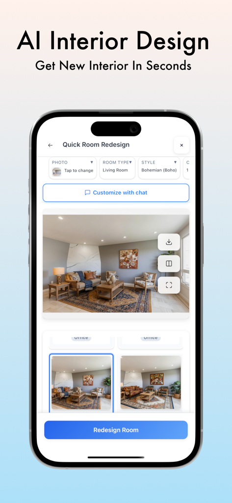 Écran de smartphone montrant l'interface de l'application Decor8 AI avec une refonte de salon de style bohème