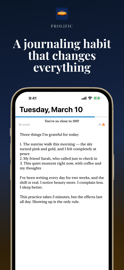 感謝のエントリーとライティングストリークを示すミニマルな毎日のジャーナリングアプリのインターフェース