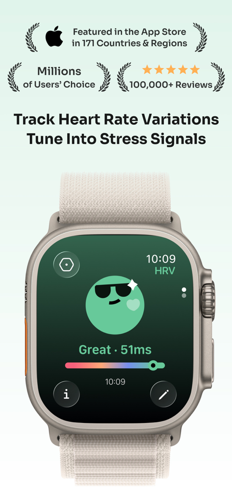 StressWatch app on an Apple Watch showing heart rate variability and a green character indicating low stress