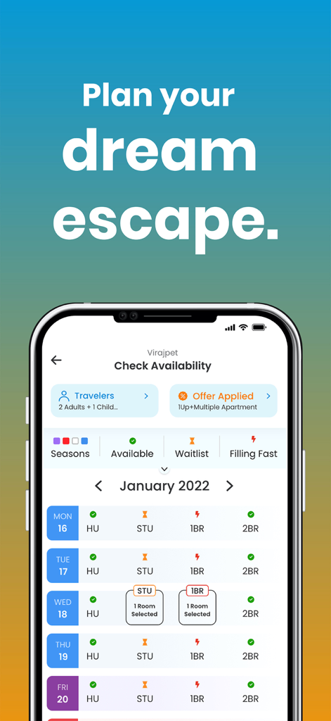 Club Mahindra mobile app showing the resort availability calendar with different room types and booking statuses