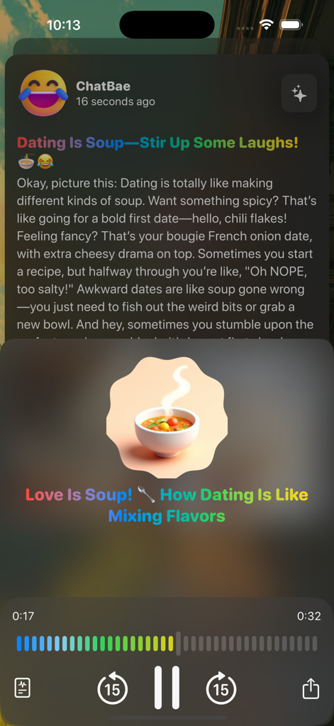ChatBae AI - Ask Anything - ChatBae AI mobile app screen displaying a creative writing piece comparing dating to soup with an AI generated image of a soup bowl.