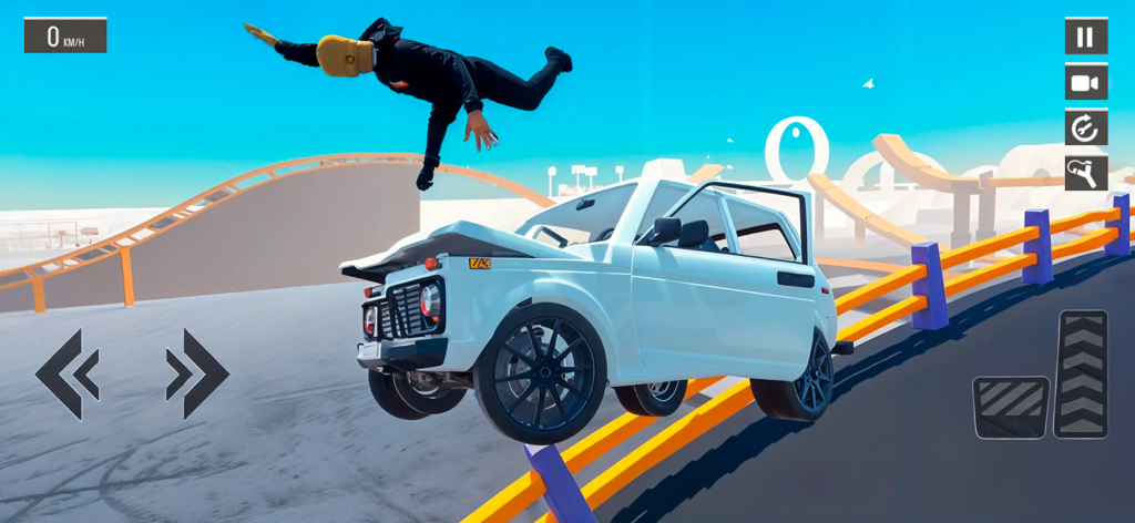 Russian Car Crash Simulator 3D - A white Russian car crashed against a railing with the character Slavik flying in the air using ragdoll physics in a stunt arena