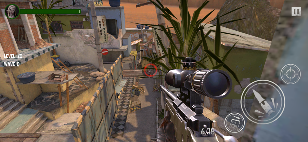 Zombie War - The Last Survivor - A first-person view of a player aiming a scoped sniper rifle at a zombie in a low-poly urban environment.