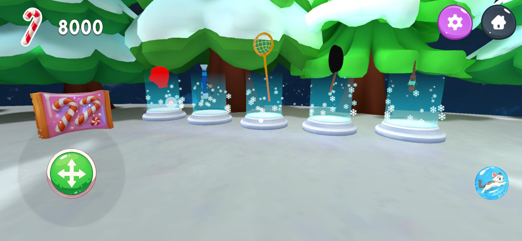 Vista en primera persona de un gato en un entorno invernal nevado con artículos de broma desbloqueables