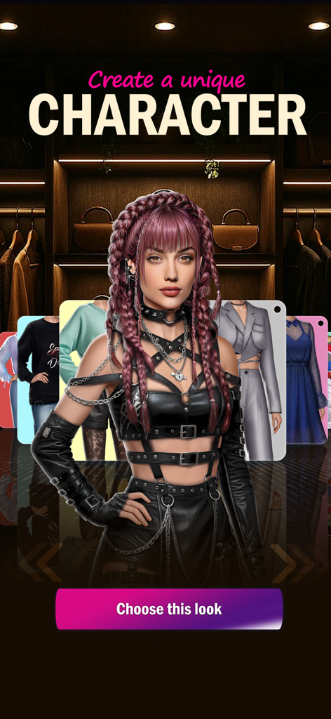 Senses - Choose Romance Story - センセス ロマンス ストーリー アプリのキャラクターカスタマイズ画面。女性ヒロインの様々な衣装とヘアスタイルのオプションが特徴。