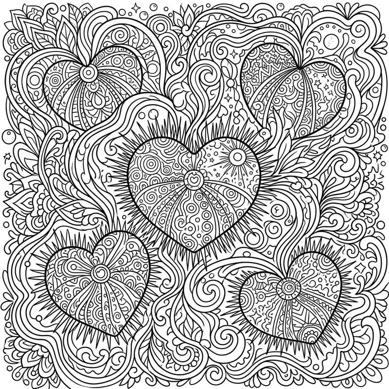 Explore the mesmerizing depths with this unique coloring page featuring intricately patterned heart urchins. Lose yourself in the swirling, psychedelic designs that promise a truly captivating artistic journey.