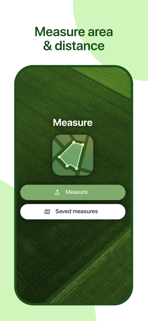 Geo Field Area - GPS Measure - Pantalla de inicio de la aplicación Geo Field Area que muestra los botones de medida y medidas guardadas sobre un fondo de campo verde