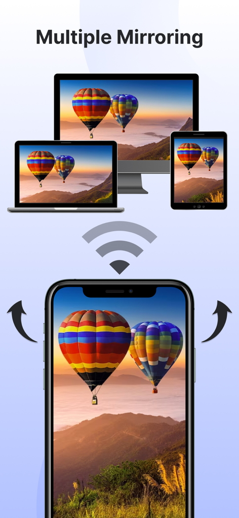 Screen Mirroring: Smart cast - A smartphone wirelessly mirroring its screen to a TV, a laptop, and a tablet simultaneously