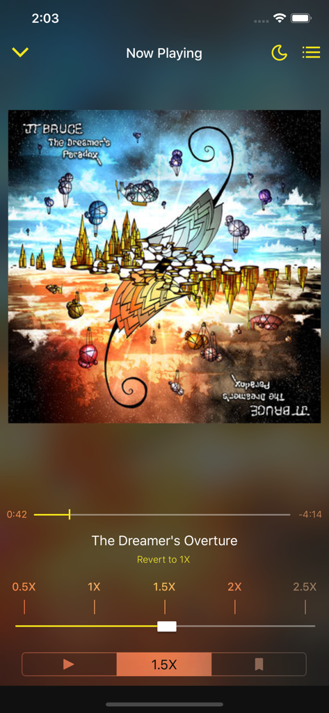 SpeedUp Player Pro + - SpeedUp Player Pro now playing screen with 1.5x playback speed control slider