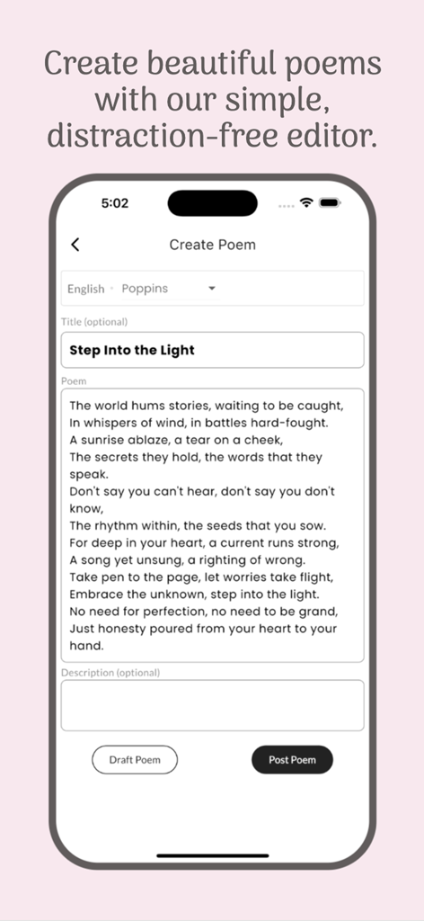 Quillove -write quotes, poems - Screenshot of the Quillove app showing the distraction-free poem editor interface with a sample poem titled Step Into the Light.