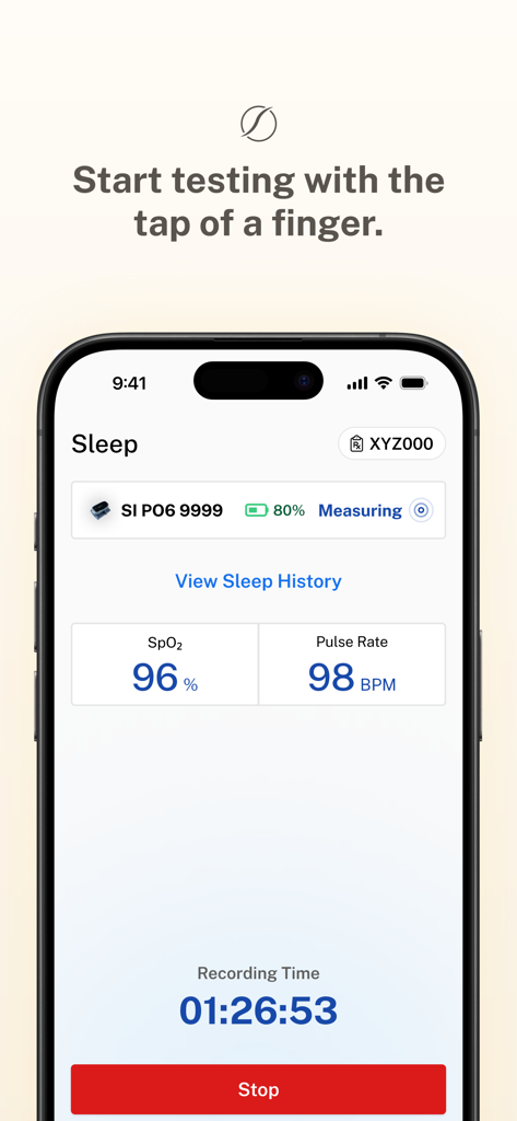 A mobile interface of the SleepImage app displaying live sleep study recording with SpO2 and pulse rate metrics.