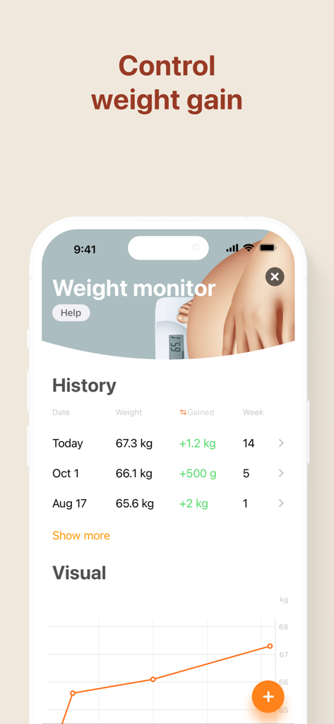 Smartphone-Bildschirm mit einem Schwangerschafts-Gewichtsmonitor, einem historischen Gewichtsprotokoll und einem visuellen Fortschrittsdiagramm.