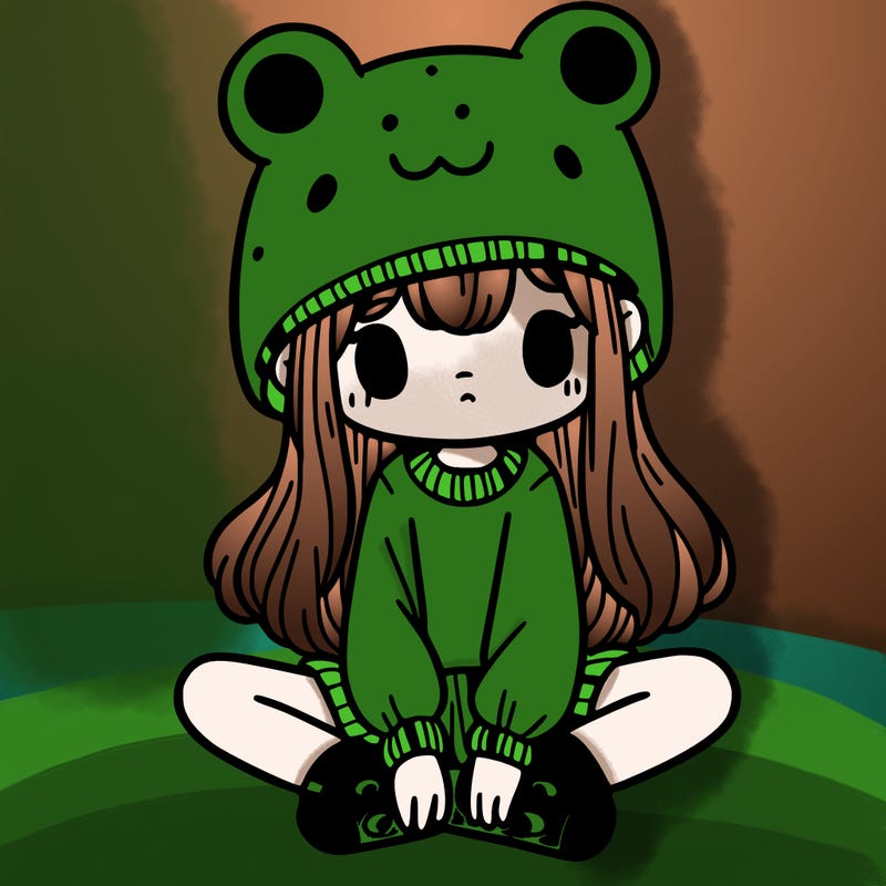 a girl wearing a frog hat and some frog socks